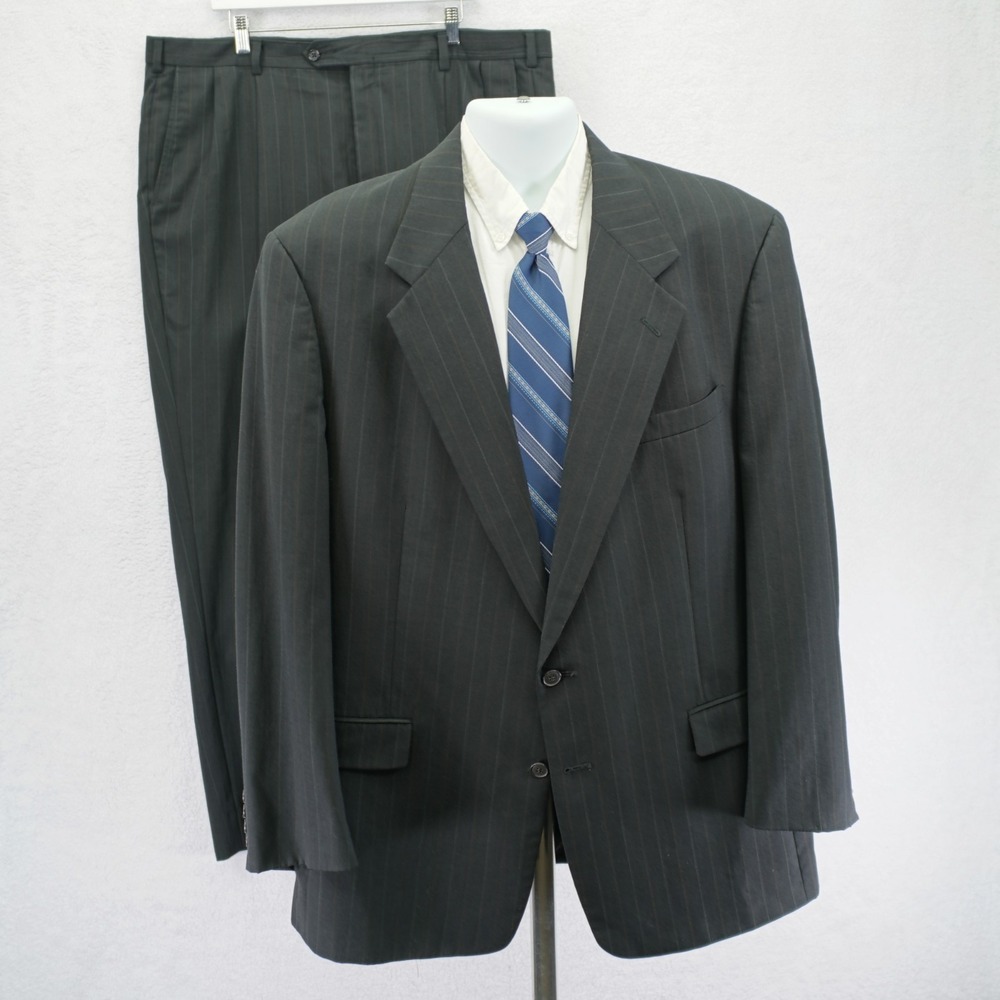 Austin Reed Wool Gray Birdseye W/ White Brown Striped 2 Piece Suit 46L 43 / 32